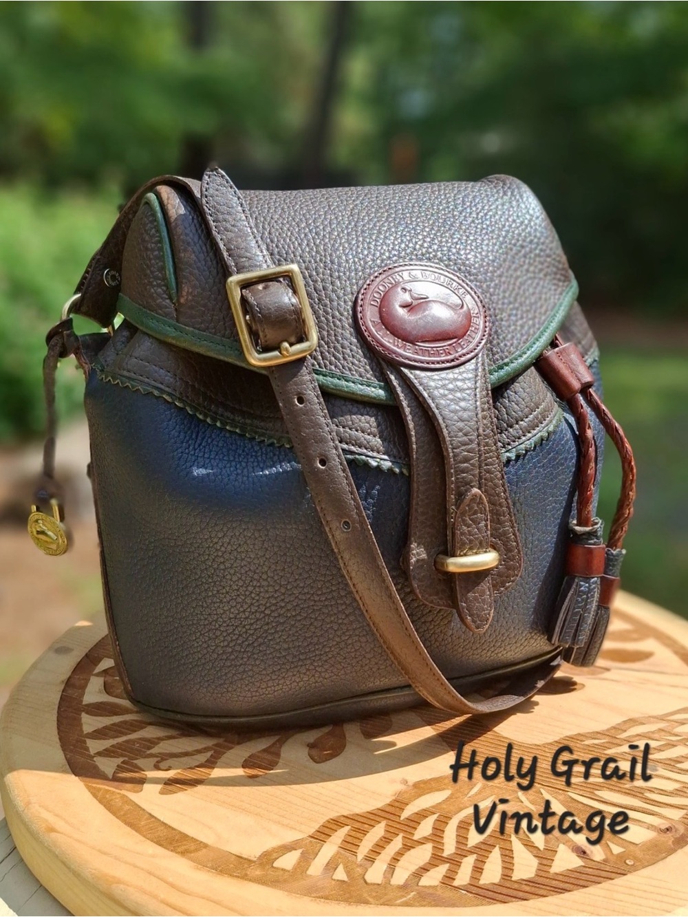 Dooney & Bourke Dark Brown Pebbled Leather Crossbody with Green Trim RARE TETON